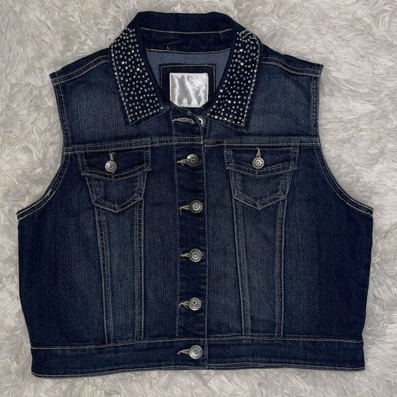 Justice Jean Jacket Vest Girls Size 18 Silver Studded Dark Blue Denim Sparkly - Picture 1 of 7